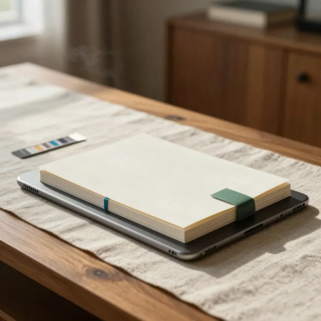 Kit perancangan kempen di atas runner linen, tablet tertutup dan kad brief, cahaya tingkap lembut.