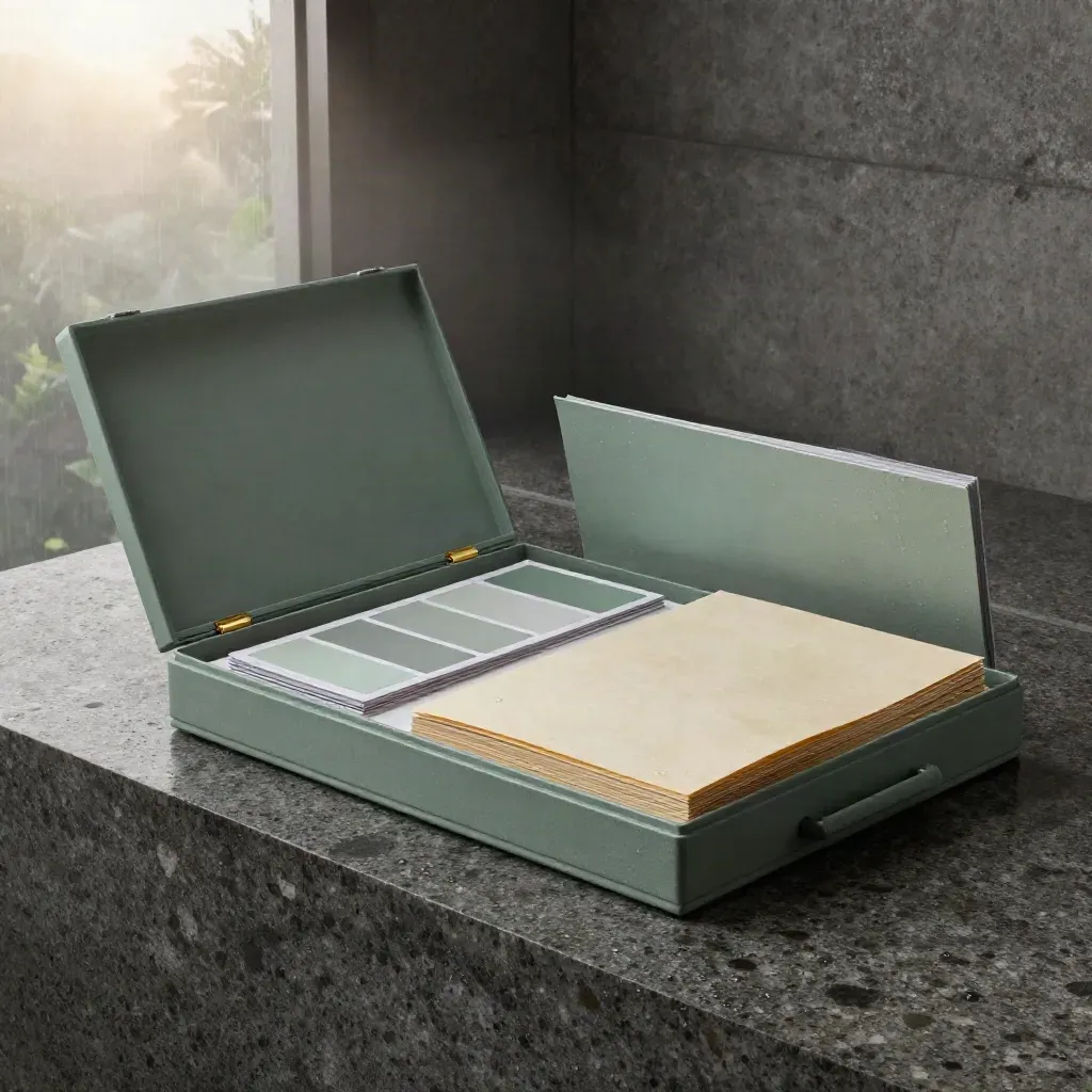 Kotak strategi jenama 90 hari dengan folio, kad swatch dan booklet di atas travertine basah.