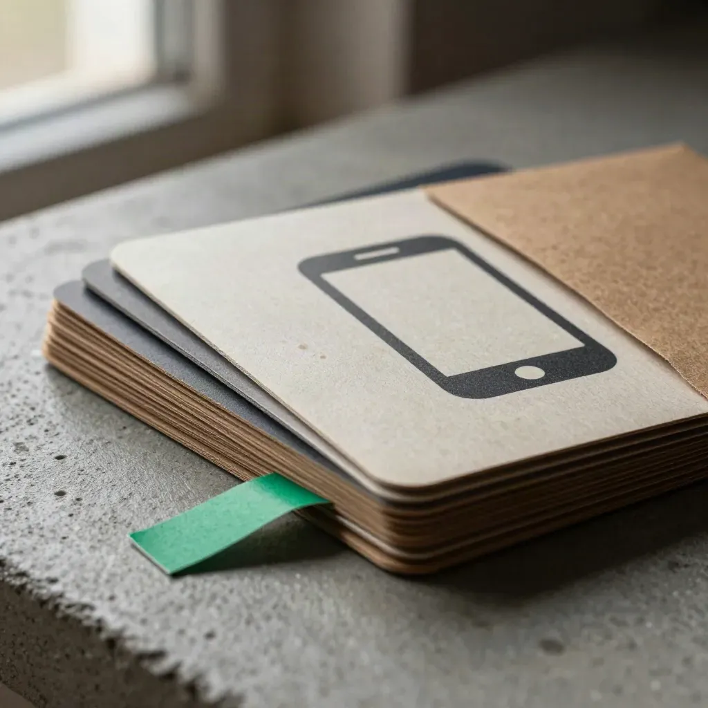Kit penjana prospek atas konkrit kasar dengan kad, sampul kraft, telefon dan jalur kertas hijau zamrud.