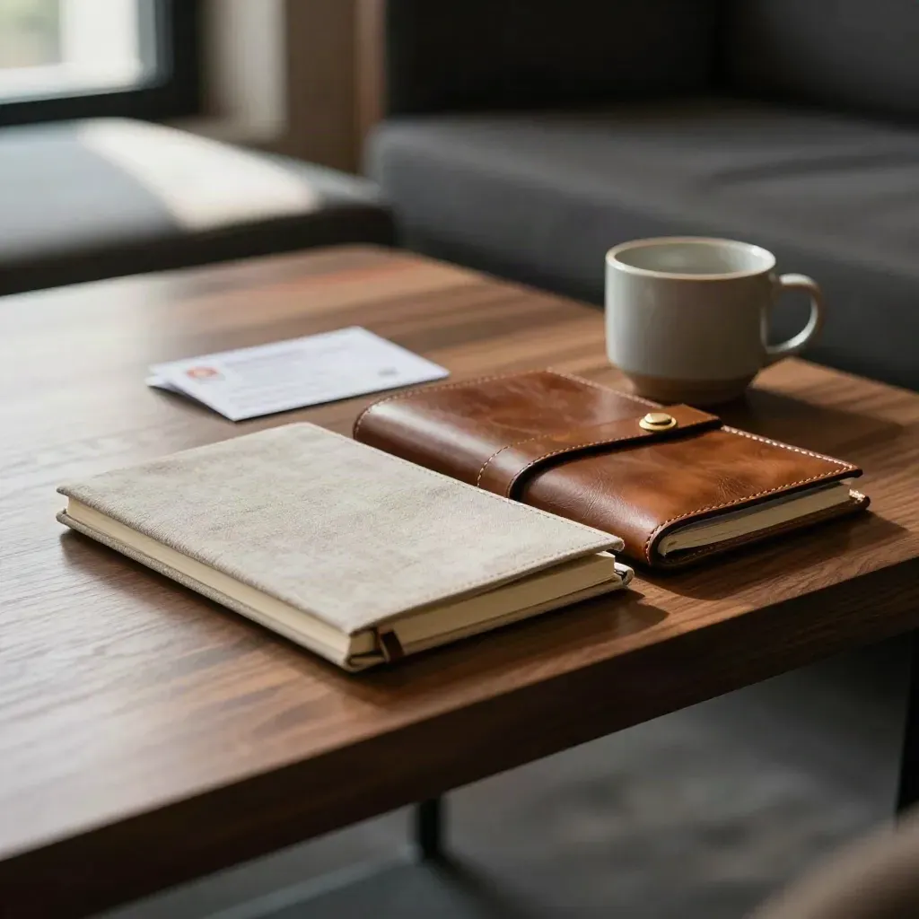 Kit sesi strategi di meja lounge moden dengan buku nota, folder tertutup dan cawan seramik.