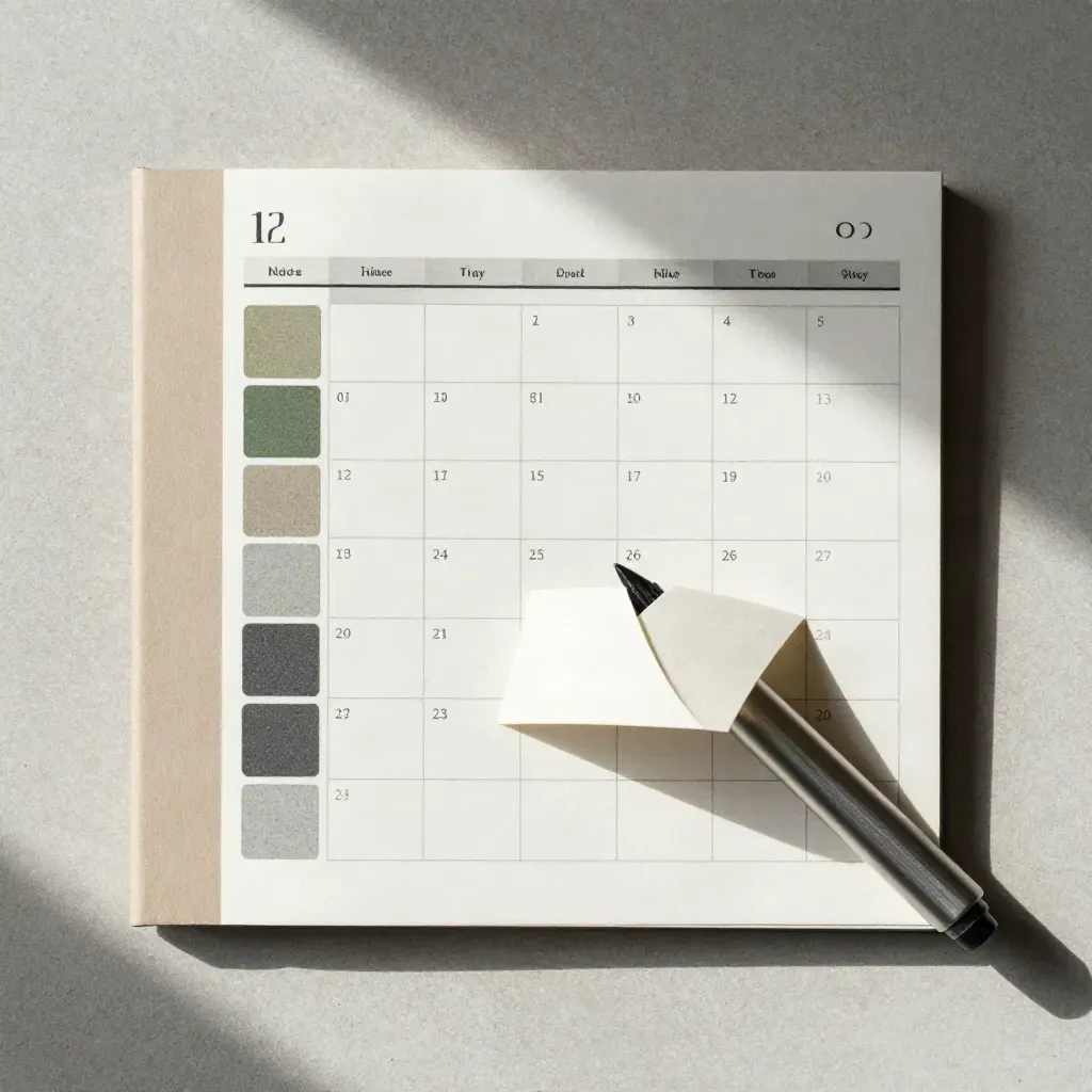 Set alat kalendar kandungan di atas konkrit, kad tab dan penanda logam tersusun kemas.