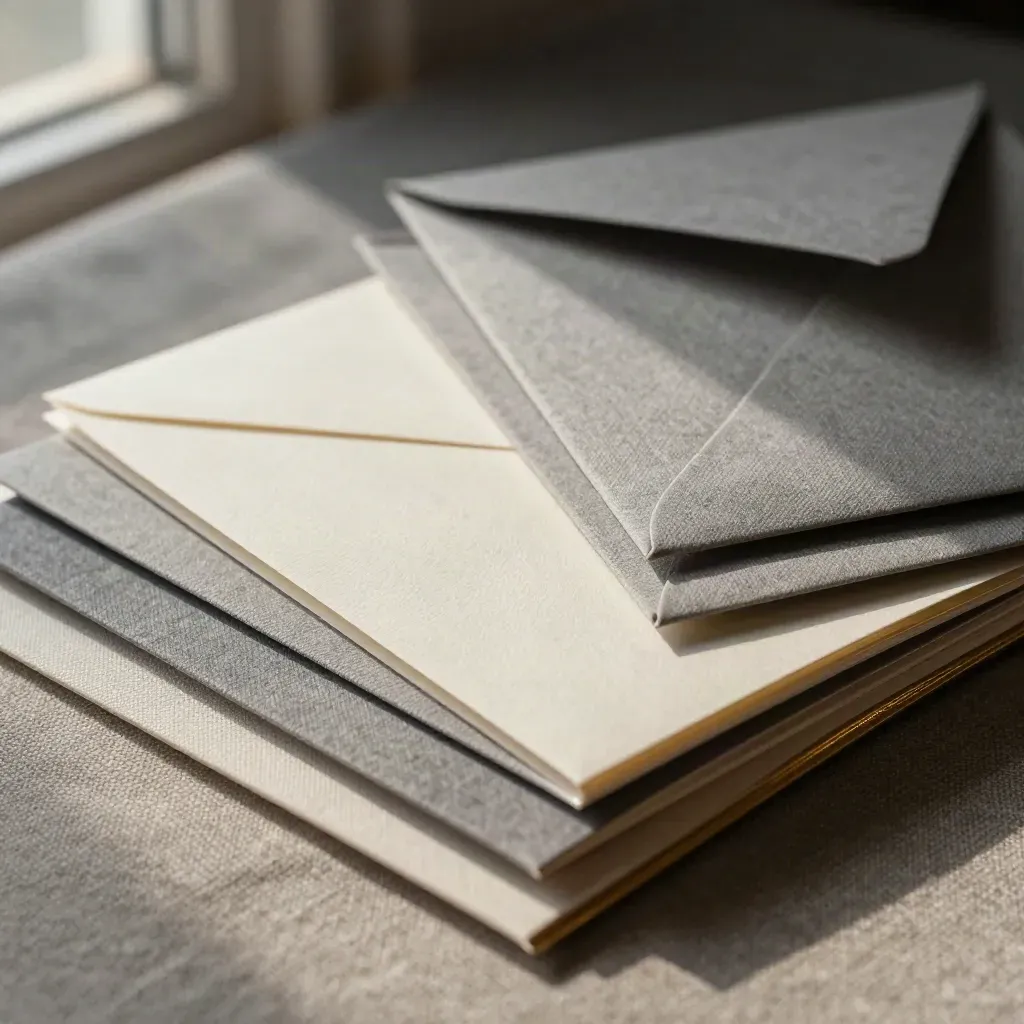 Folio kemas kini jenama dengan sampel kertas berlapis di atas linen, cahaya tepi emas.