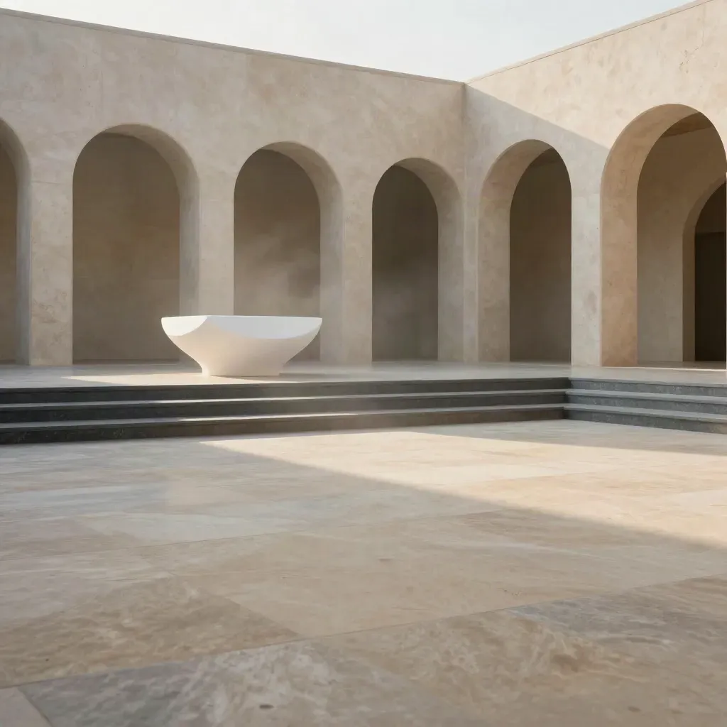 Courtyard moden dengan lengkungan travertine dan tiang putih dalam cahaya pagi.