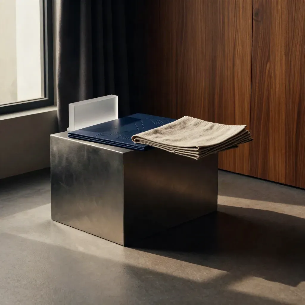 Interior studio moody dengan pedestal logam, folio biru tua dan cahaya tingkap lembut.